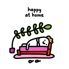 Happy at home hand drawn vector illustration in cartoon comic style man laying on bad