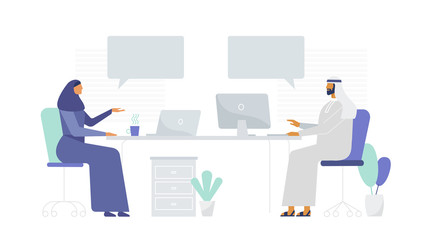 Arabs work in the office. Cartoon characters. Speech bubbles, place for text. Modern and comfortable office with windows and plants. Remote work, freelance. Vector illustration, flat design