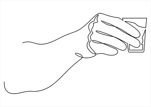 Continuous line drawing of hand holding glass. Vector illustration.