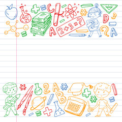 Obraz premium Cute school children. Imagination and creativity. Play and learn, singing, dancing, reading, drawing.