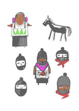 Prehispanic symbols Mexican zapatist hand drawn illustration drawn illustration