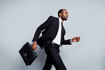 Portrait of his he nice attractive serious motivated imposing guy recruiter agent broker banker...