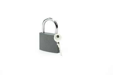 Locked padlock and key - symbol of security, personal data protection isolated on white background. Security concept, private information protection copy space