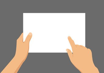 Flat design illustration of hand holding blank white paper with space for text. The index finger points to the desktop for the inscription, vector