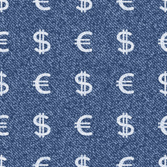 Vector Money symbols. Denim Seamless pattern. Jeans background with Dollar and Euro signs. Blue jeans cloth background.
