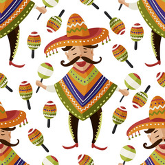 Mexican happy man in sombrero hat with maracas vector seamless pattern. Traditional Mexico cartoon flat illustration. Cinco de mayo latin party background in a with senior flat style.
