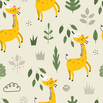 Seamless pattern with cute giraffes