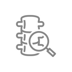 Spine with magnifying glass line icon. Backbone research, prevention of spine disease symbol