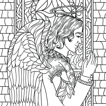 Beautiful  romantic angel girl and boy coloring book for adults antistress with black and white background
