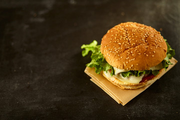 fresh tasty burger isolated on black wooden background with ingredients 
