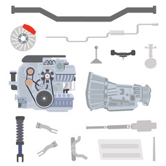 Set of car chassis parts with internal combustion engine and transmission systems parts. Flat vector illustration isolated on white background.