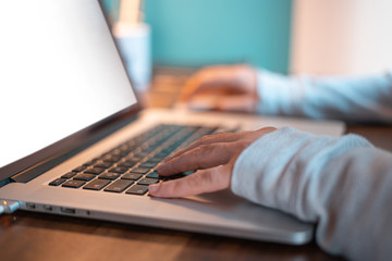 Hands pictured on the keyboard of a laptop typing something. 