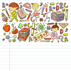 Cute school children. Imagination and creativity. Play and learn, singing, dancing, reading, drawing.