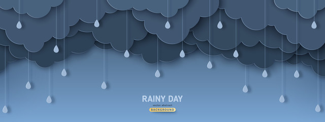 Overcast sky with rain drops in paper cut style. Vector illustration. Rainy day concept with dark clouds.