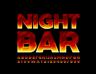 Vector stylish Sign Night Bar. Creative  Alphabet Letters and Numbers. Flame Pattern. Burning Font. 