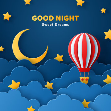Fluffy clouds on dark sky background with gold moon, stars and hot air balloons. Vector illustration. Paper cut style. Place for text. Good night banner, travel and adventures concept
