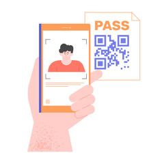 Hand holds smartphone with electronic id. Read qr code. Identification and technology. Vector flat illustration.