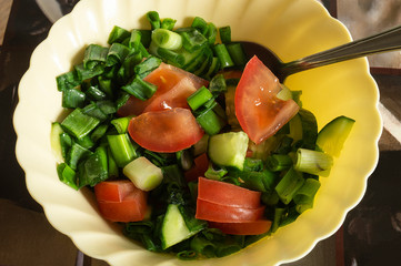 Fresh salad with cucumber and tomato in plate on table