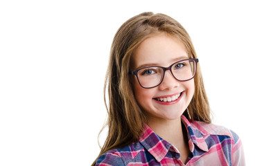 Cute little girl child preteen in eyeglasses education, school and vision concept isolated - 342014569