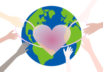 地球にマスクをかける世界の人々の手