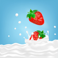 Vector realistic 3d illustration. Two strawberries falling into milk with waves and splashes on a blue background. For the element of the poster, brochure, label and for advertising. Food concept.