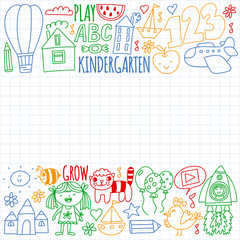 Online education for toddlers. Lessons for children in internet. Vector pattern for kindergarten banners, posters with moon, planet, spaceship, rocket, sun, fruits, house, flowers.