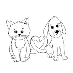 Cute cartoon sketch illustration with a cat and a dog and tails in the shape of a heart. Logo for the shelter, veterinary clinic. Pets. Element for design, graphics.
