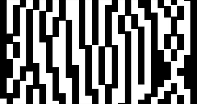 4k black and white background: random moving pixelated stripes. Seamless looped geometric abstract animation. Animated vertical lines. Monochrome footage backdrop.Digital op-art BG. Сlean minimal grid