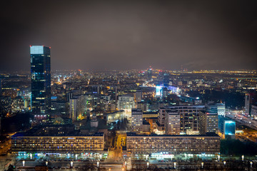 Warsaw at night from above, warsaw night cityscape, tower of warsaw