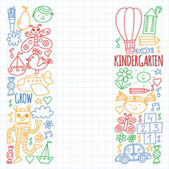Online education for toddlers. Lessons for children in internet. Vector pattern for kindergarten banners, posters with moon, planet, spaceship, rocket, sun, fruits, house, flowers.