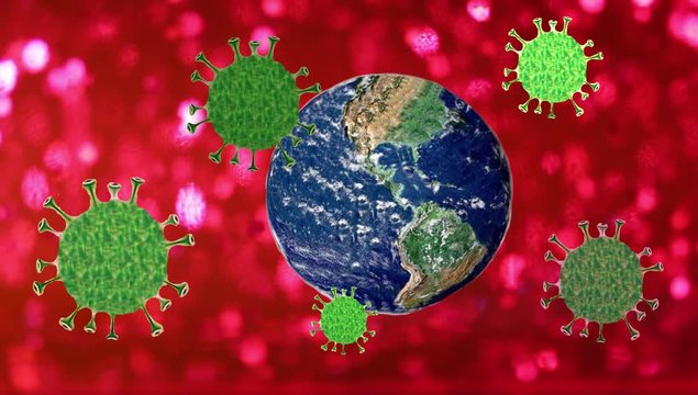 Planet earth attacked by the Coronavirus which then disappears, with red liquid moving