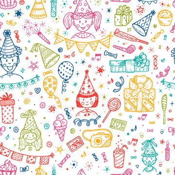 Holiday seamless pattern. Celebratory background with Hand Drawn Doodle children, sweets, bunting flag, balloons, gifts, festive paper caps, festive attributes. Colorful Wallpaper for kids
