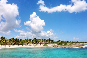 Costa Maya, Mahahual /Mexico - Oct 03 2016: View at the sandy beach with palm trees and turquoise water and light blue sky. Tropical paradise in Mexico.