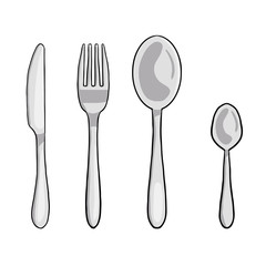 Vector illustration of a set for serving. Cutlery, fork, spoon, teaspoon, knife. Design elements on the theme of hand-drawn cooking, doodle style.