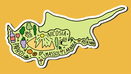 Colored sticker of Hand drawn doodle Cyprus map. city names lettering and cartoon landmarks,