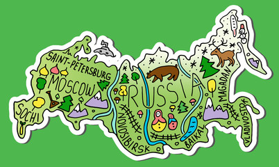 Colored sticker of  Hand drawn doodle Russia map. Russian city names lettering