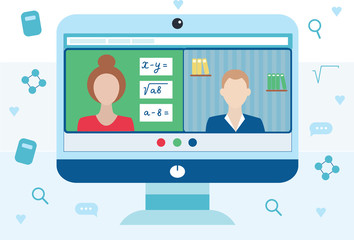 E-learning concept. Online education. video conference, woman teacher and boy on laptop screen.