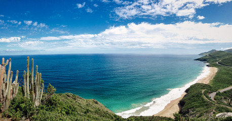 St.Kitts Island/Saint Kitts and Nevis - Nov 29, 2016: Beautiful view from the green mountain showing Caribbean sea and the beach. Breathtaking travel picture.