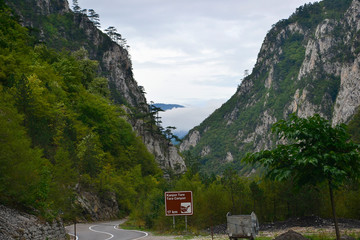 Road in Piva Canyon. Traffic sign with the inscription "Tara Canyon 17 km". 