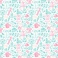 Spring and summer fashion clothes seamless pattern. Hand drawn doodle women clothing Vector background
