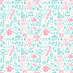 Spring and summer fashion clothes seamless pattern. Hand drawn doodle women clothing Vector background

