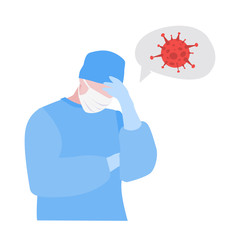 Vector handdrawn illustraion of tired doctor or nurse in stress with Virus in speech bubble. Medical concept. Thinking about health