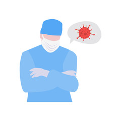 Vector illustration of doctor or nurse in mask with cross hands on chest and speech bubble or cloud with virus. Medical warning concept