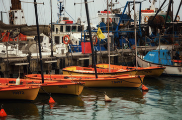 Fototapeta na wymiar harbour dock yellow boats yachts, Jerusalem, Israel
