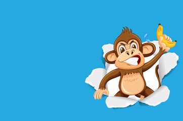 Background template design with wild monkey on blue paper