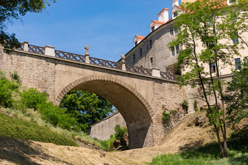 Veveri castle is located in the Czech Republic. Bridge leading to the castle gate. View from under the bridge.