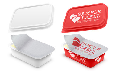 Vector labeled rectangular plastic container with opened foil seal. Packaging mockup illustration.