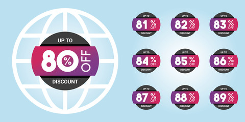Set of discount labels in beautiful color gradients. Vector discount tags collection with percent set. 80% off, 81, 82, 83, 84, 85, 86, 87, 88, 89 percent sale label symbols.
