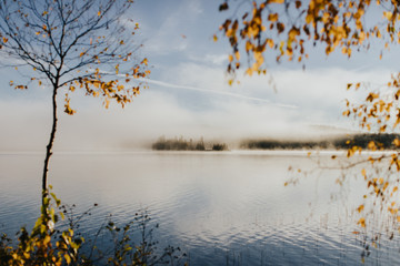 Brume sur le lac au lever du soleil en Ontario