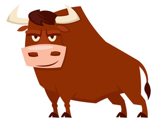 Standing angry bull. Farm animal in cartoon style.